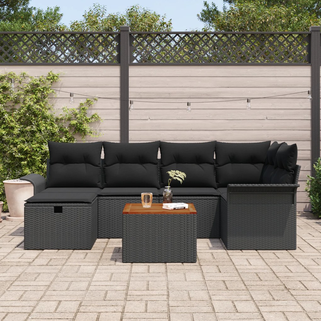 Conjunto de Sofás de Jardim de 7 Peças com Almofadas Rattan Preto