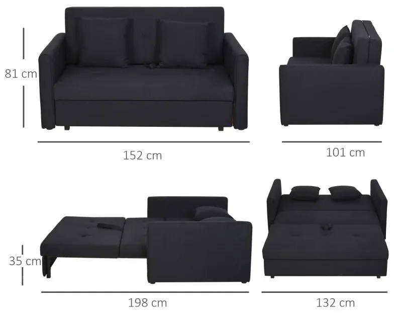 Sofá Cama "Lumis" com Armazenamento Oculto - Preto - 152x101x81 cm - A