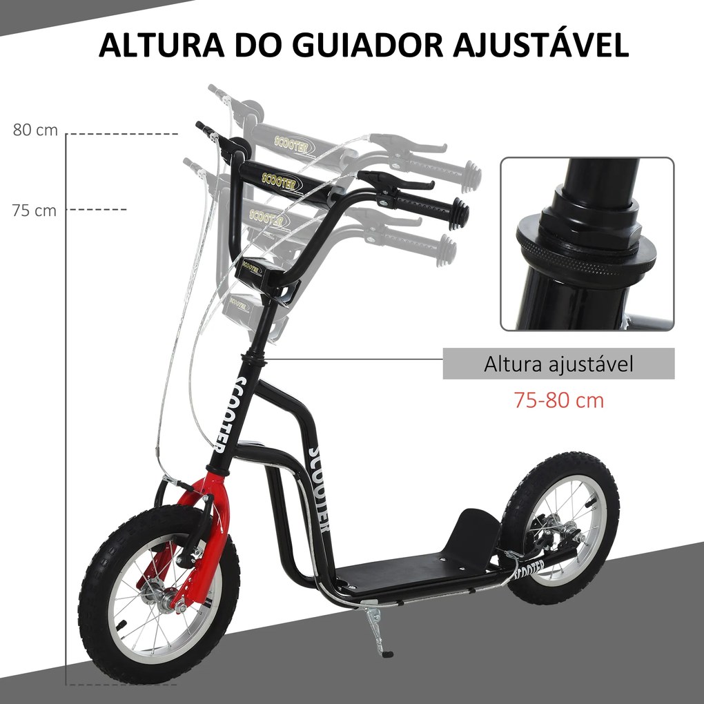 Trotinete para Crianças com Guiador Ajustável em Altura Travão Duplo e Estrutura de Aço 120x58x75-80 cm Preto