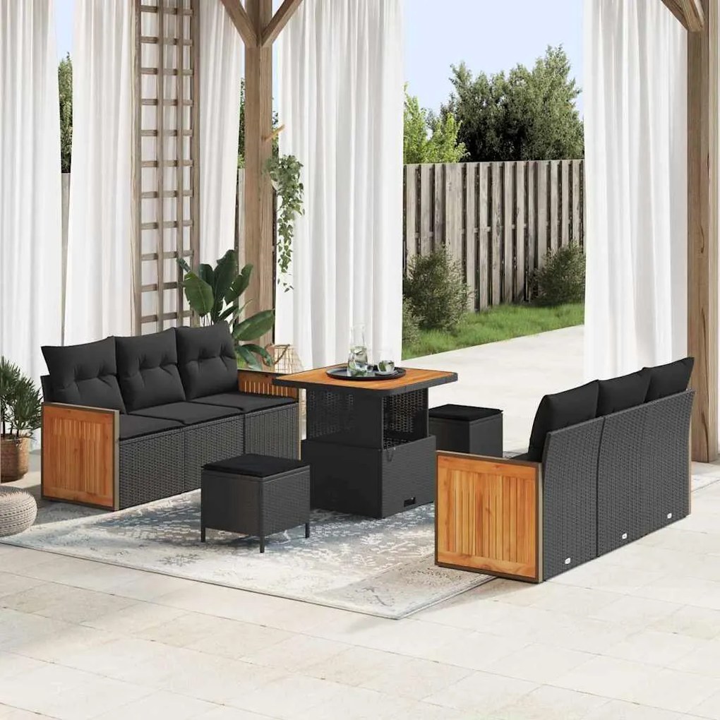 Conjunto de Sofás de Jardim com Almofadas vidaXL 9 Peças Preto Vime PE