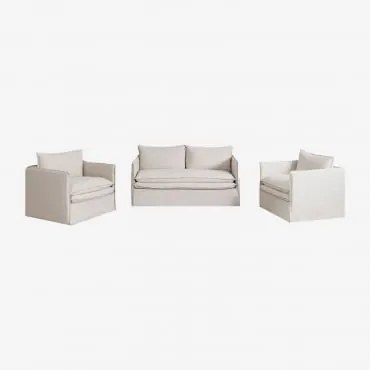 Conjunto De Sala De Estar Com Sofá De 2 Lugares E 2 Poltronas Em Linho E Algodão Grace Tecido Beige - Sklum