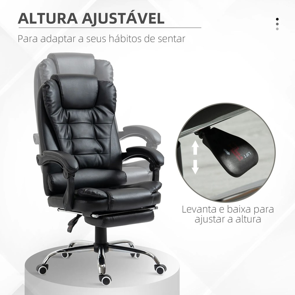 Cadeira de Escritório Reclinável Cadeira Executiva Giratória com Altura Ajustável Estofada em PU 64,5x69x109-117 cm Preto