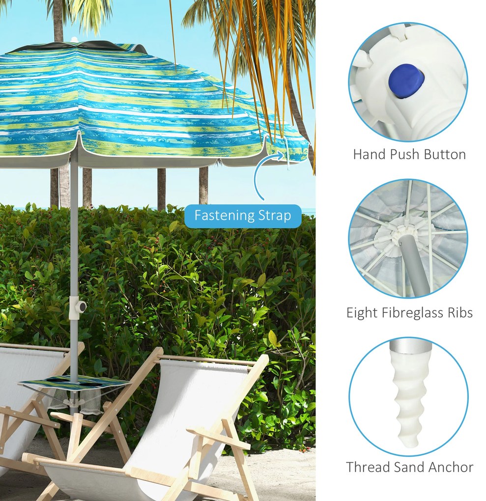 Chapéu de Sol de Praia Ø190x215 cm com Inclinação de 45° e Altura Ajustável Mesa com Porta-Copos Impermeável Multicolor