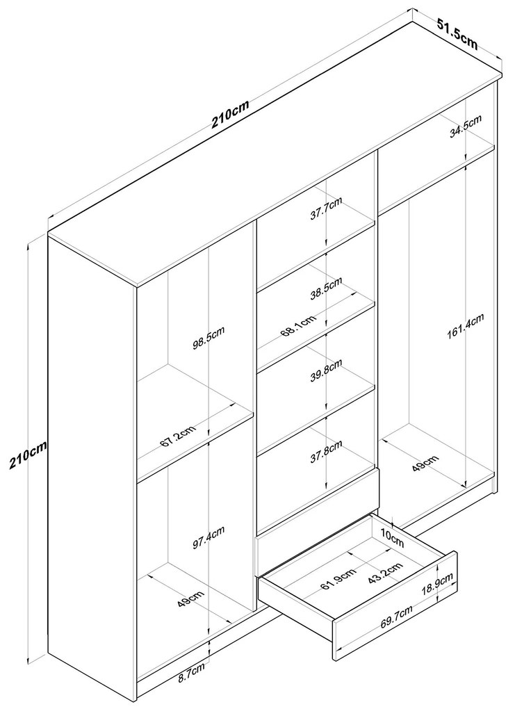 Roupeiro "Freya" - Com Espelho, 6 Portas, 2 Gavetas - 210x210x51.5cm,