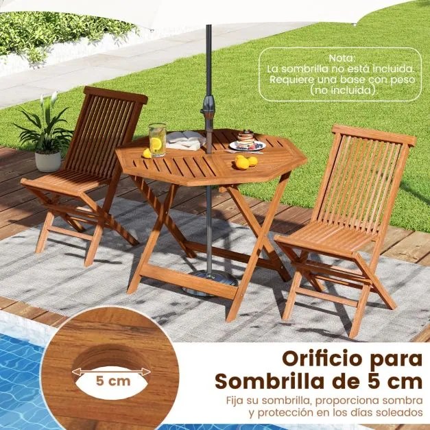 Mesa jardim de jantar em madeira maciça com orifício para guarda-sol 90 x 90 x 72 cm, tampo com ripas e acabamento em óleo de teca, para interior e ex