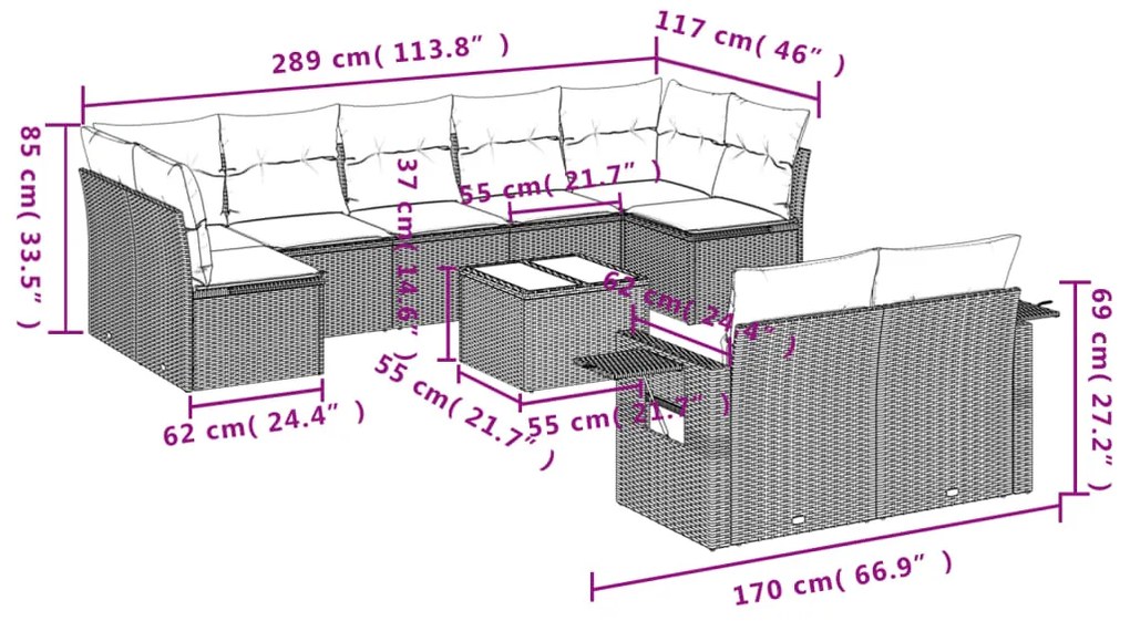 10 pcs conj. sofás jardim com almofadões vime PE cinzento-claro