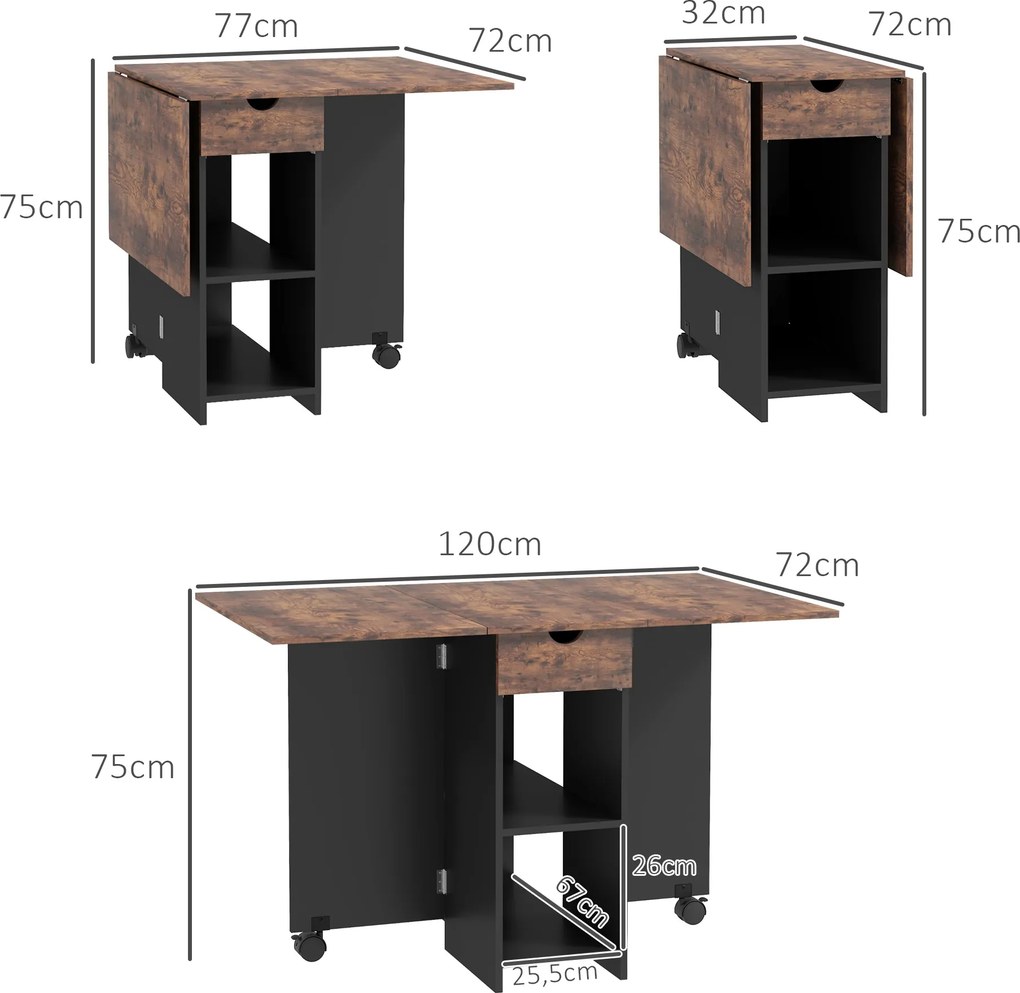 Mesa de Cozinha Dobrável com Rodas Laterais Rebatíveis Gaveta e Prateleiras para 2-4 Pessoas 120x72x75 cm Castanho rústico e preto