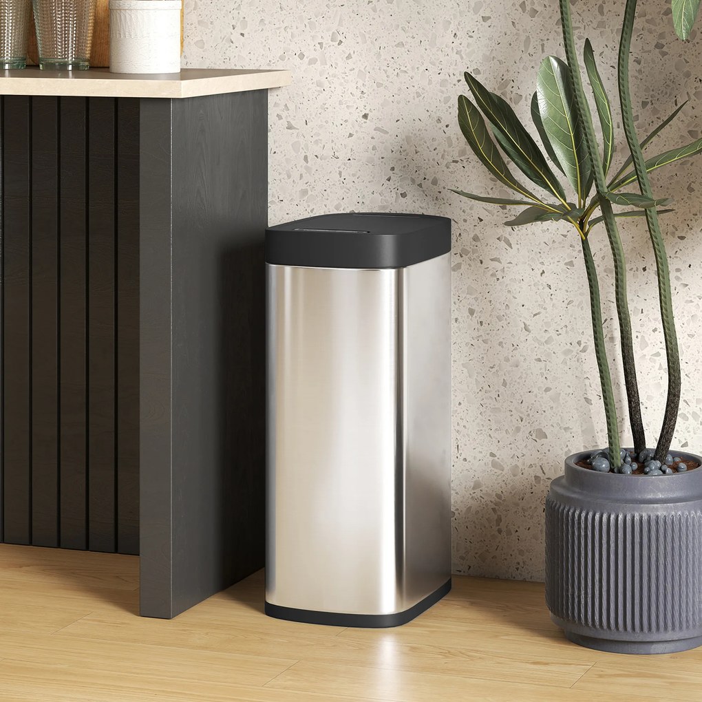 Caixote do lixo de cozinha automático de 50 L, com sensor de movimento, funciona a pilhas, 26,5 x 35,5 x 68 cm, prateado