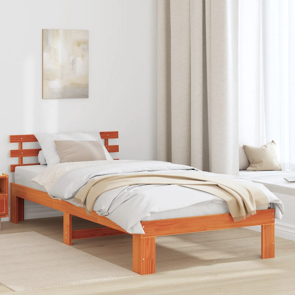 vidaXL Estrutura de Cama de Madeira de Pinho Castanho Encerado