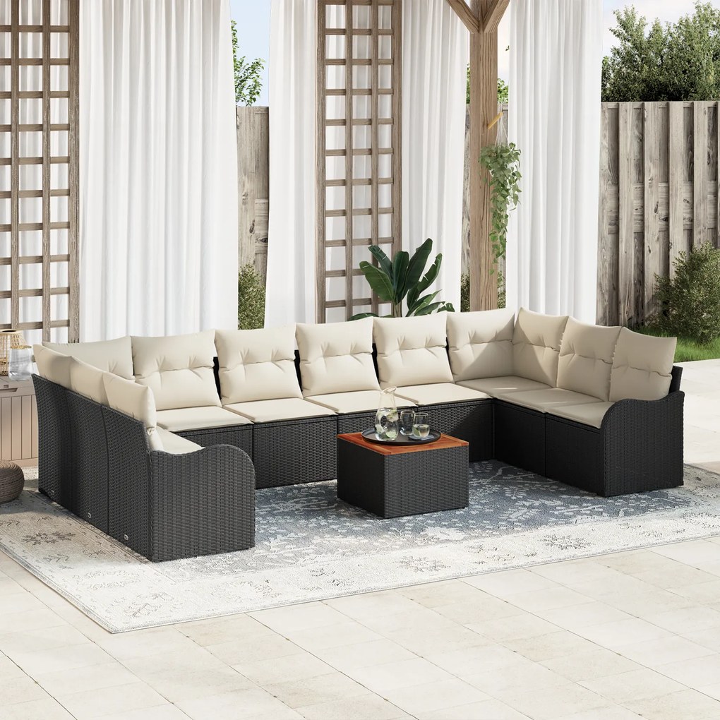 Conjunto de Sofá de Jardim vidaXL de 11 Peças com Almofadas Preto Poli