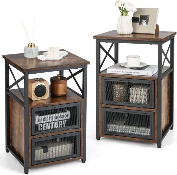 Conjunto 2 Mesa de cabeceira ou Mesas apoio 61 cm x 40 cm x 35 cm com 3 níveis industrial e 2 gavetas rebatíveis Estante aberta Castanho