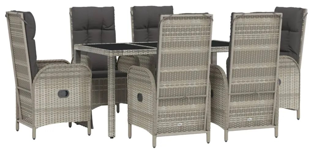 7 pcs conjunto de jantar p/ jardim c/ almofadões vime PE cinza