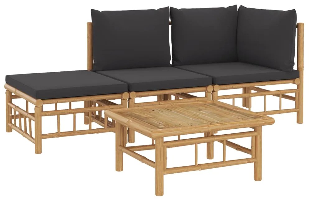 4pcs conj. lounge de jardim bambu c/ almofadões cinzento-escuro
