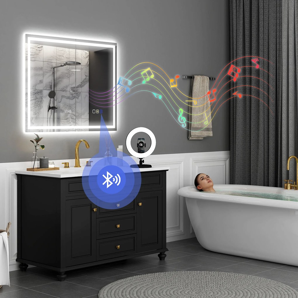 Espelho de casa de banho com LED e Bluetooth, 80 x 100 cm, interruptor tátil, iluminação regulável, 3 cores, antiembaciamento, memória, prateado