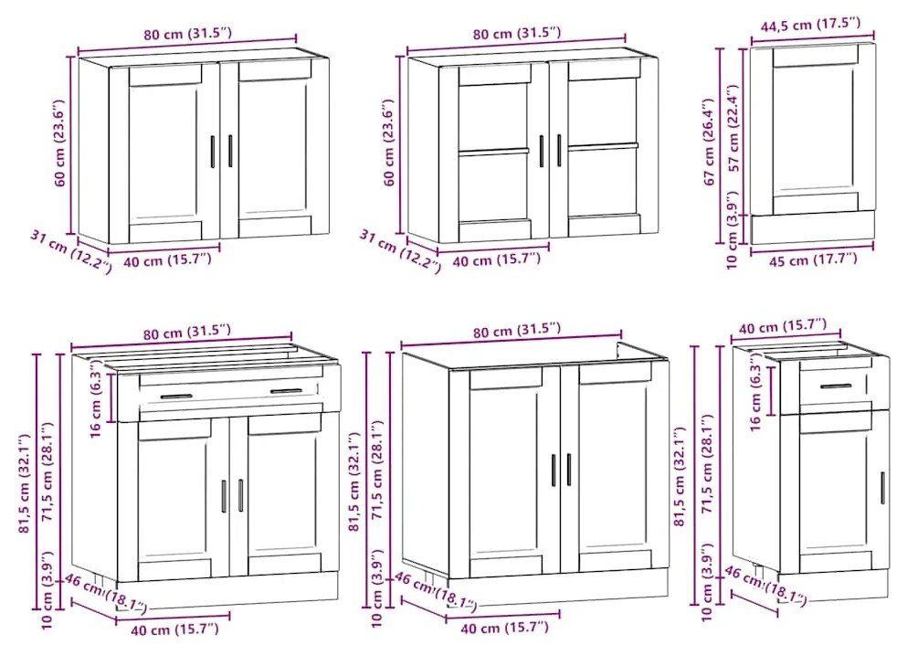 7 peças armário de cozinha conjunto Kalmar preto