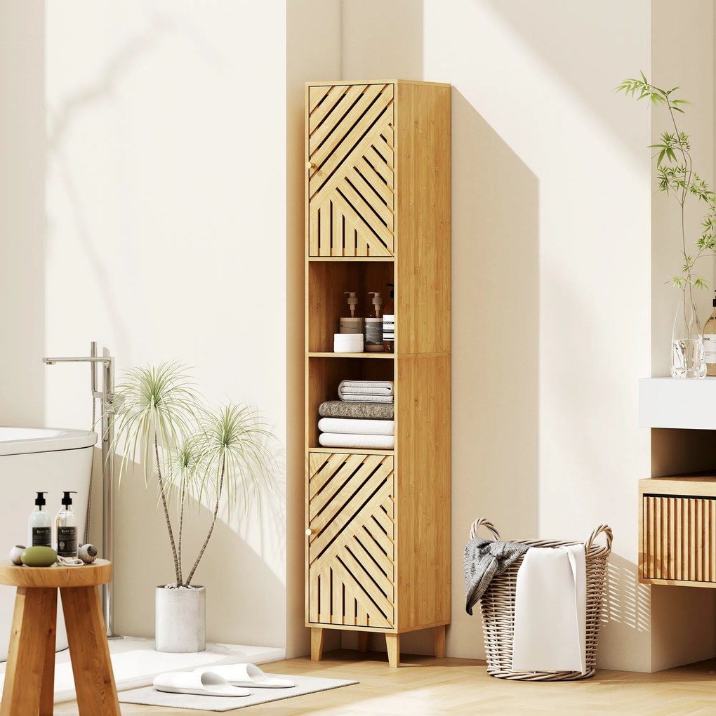 Coluna de Casa de Banho Estreita Armário de Casa de Banho Alto com Portas e Pés de Bambu 32x30x170 cm Madeira
