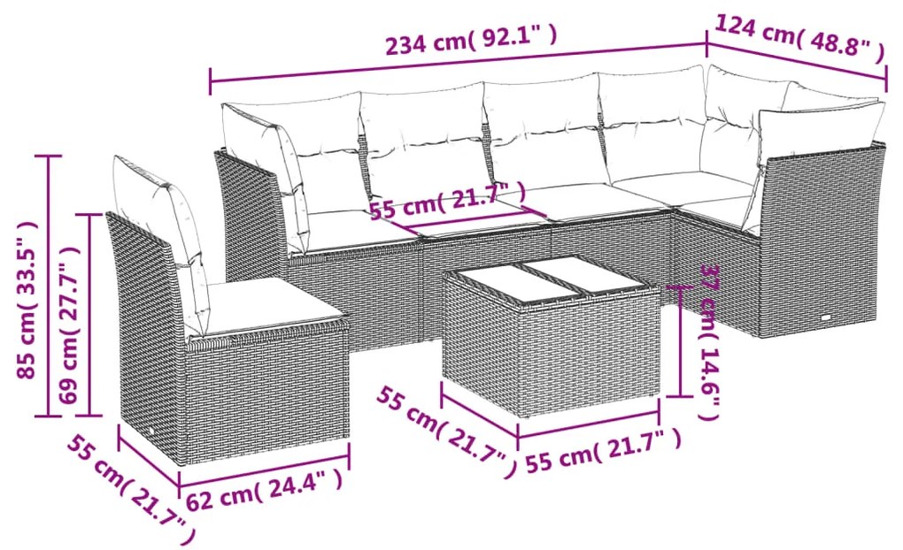 7 pcs conjunto de sofás jardim c/ almofadões vime PE castanho