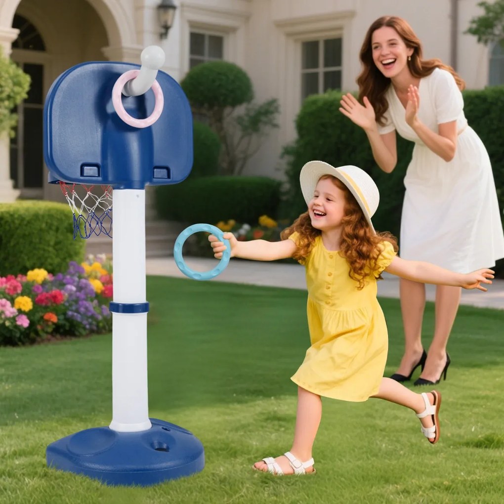 Cesto de basquetebol 4 em 1 para crianças ajustável com conjunto de aros bola adesiva branca e azul