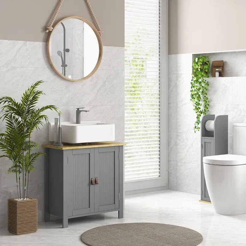 Móvel de lavatório (NÃO INCLUIDO) com 2 portas 60 x 30 x 60 cm, prateleira ajustável com 2 níveis no interior, puxadores em PU, cinzento