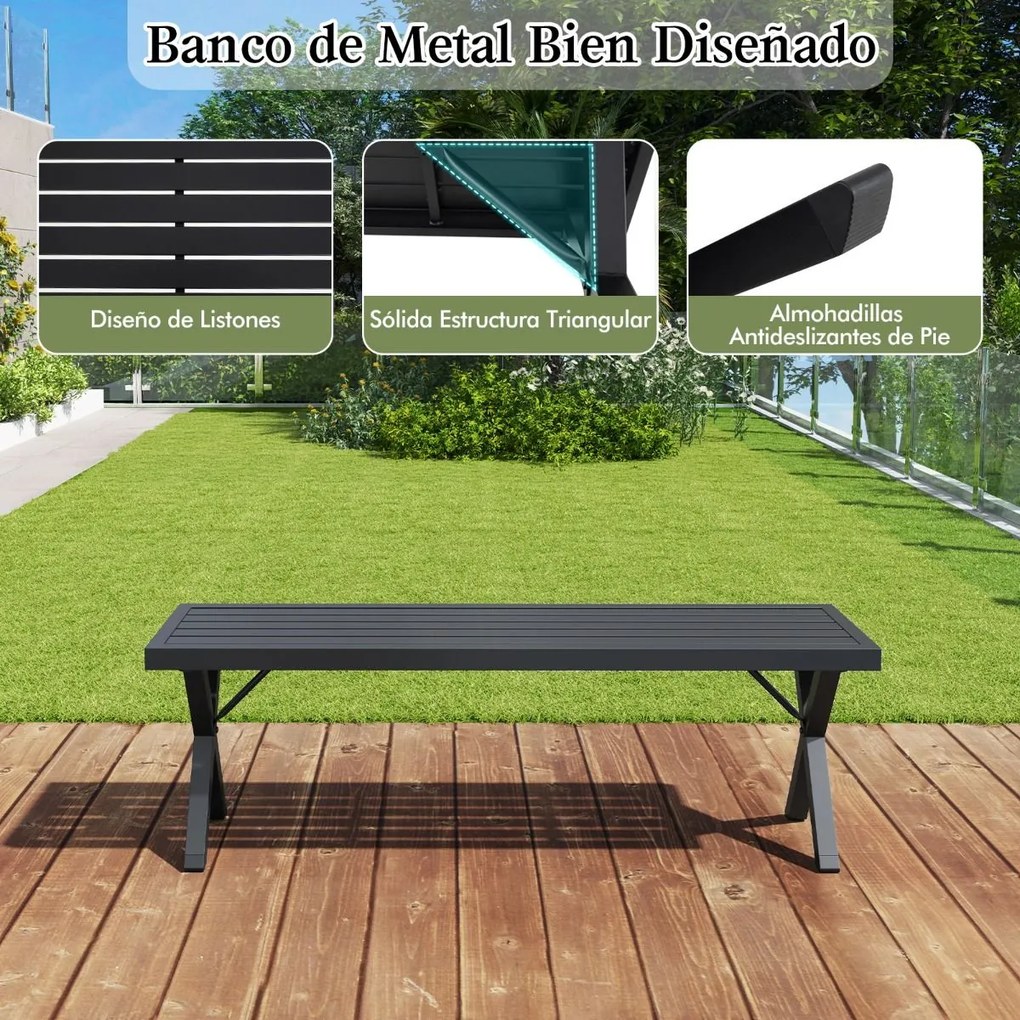 Banco de metal para jardim para 2 pessoas com assento de ripas e pernas X 138 x 36 x 46 cm Preto