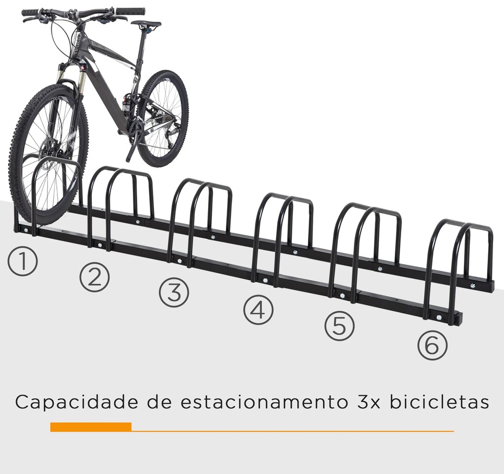 HOMCOM Estacionamento para 6 Bicicletas Suporte de Aço para Estacionar Bicicletas no Chão para Interior e Exterior 179x33x27 cm Preto