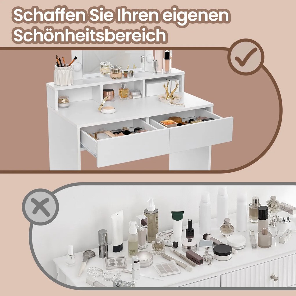 Toucador com iluminação LED 40 x 80 x 145 cm com espelho, 2 gavetas e 3 compartimentos abertos branco