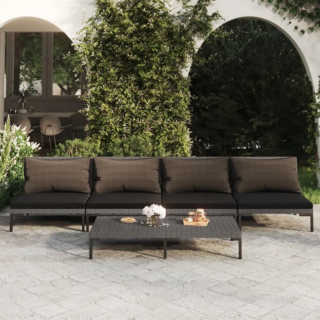 vidaXL 5 pcs conj. lounge jardim c/ almofadões vime PE cinza-escuro