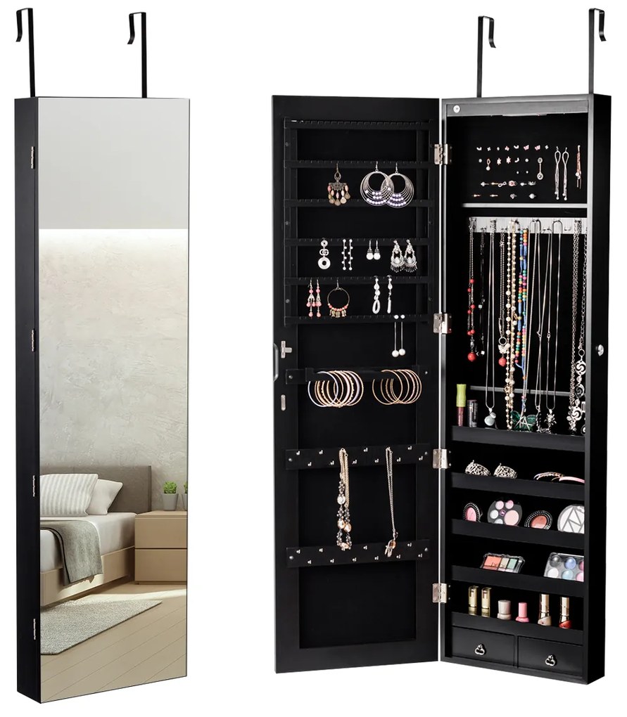 Armário para joias em madeira com espelho de parede e LED interno 33,5 x 10 x 120 cm Preto