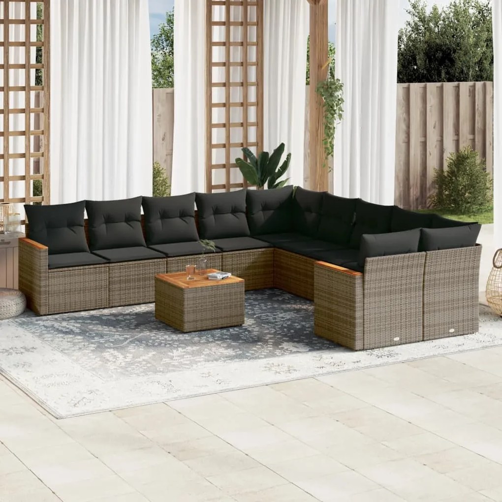 11 pcs conjunto sofás de jardim c/ almofadões vime PE cinzento