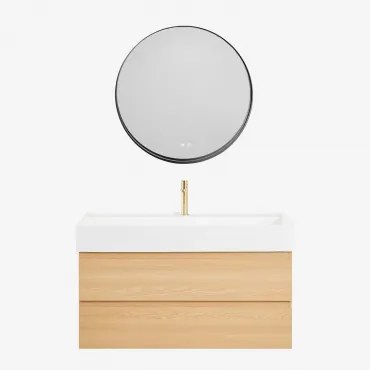 Conjunto De Móvel De Casa De Banho Suspenso Em Madeira E Folha De Freixo Com Lavatório Integrado Ona Madeira Natural & Redondo - Sklum