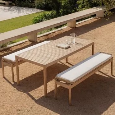 Conjunto De Mesa Retangular 180x90 Cm E 2 Bancos De Jardim Em Madeira De Acácia E Corda Trançada Karvia Marrom Acácia Claro & Tecido Branco - Sklum