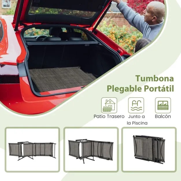 Conjunto de 2 espreguiçadeiras jardim dobráveis com encosto de 6 níveis Assento respirável Estrutura metálica em tecido 189 x 64 x 102 cm Castanho