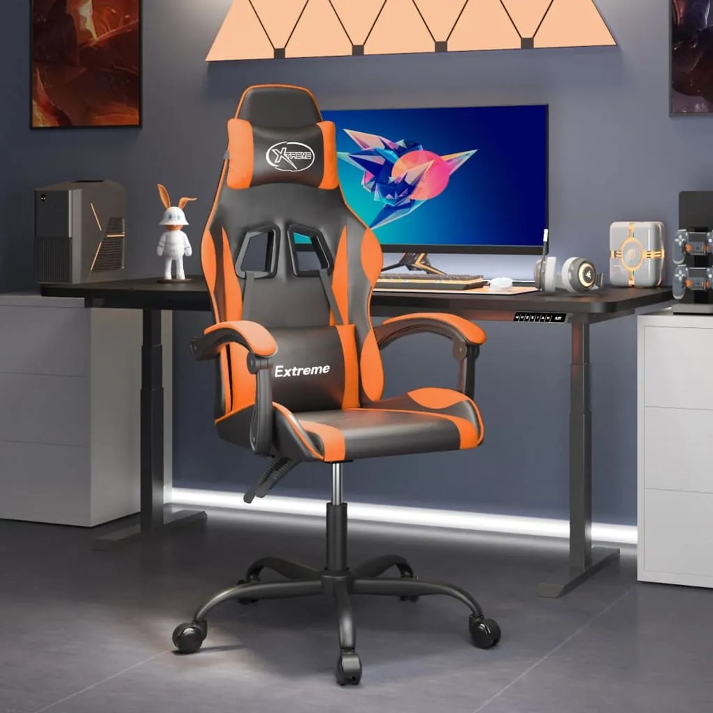 vidaXL Cadeira gaming couro artificial preto e laranja