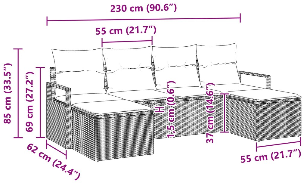 Conjunto de Sofás para Jardim com Almofadas Castanho Rattan Poliéster