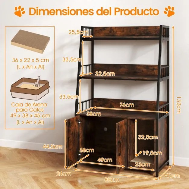 Móvel para caixa areia gatos (NÃO INCLUIDA) 80 x 40 x 132 cm com 2 prateleiras e Estação de carregamento integrada Castanho e preto
