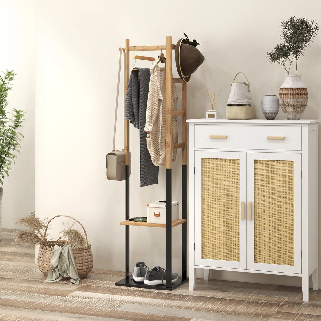 Cabide de Pé de Bambu com 2 Prateleiras 2 Ganchos 5 Barras e Estrutura de Aço 46x28,5x153,5 cm Madeira e Preto