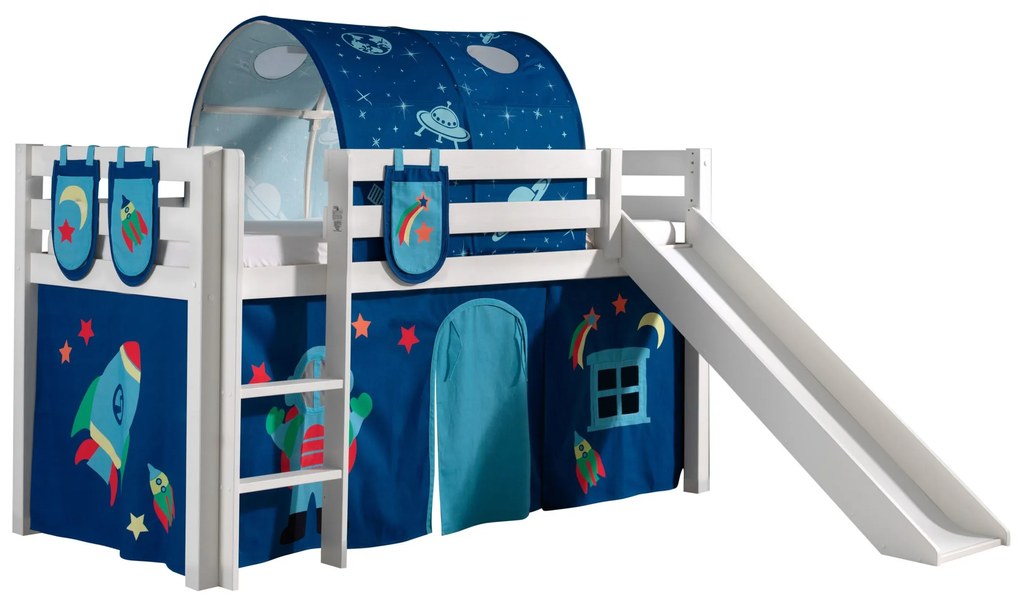 Conjunto Cama alta de Criança PINO 90 x 200 cm + estrado + escada + escorrega + cortina + 3 bolsas + túnel Astronauta branca