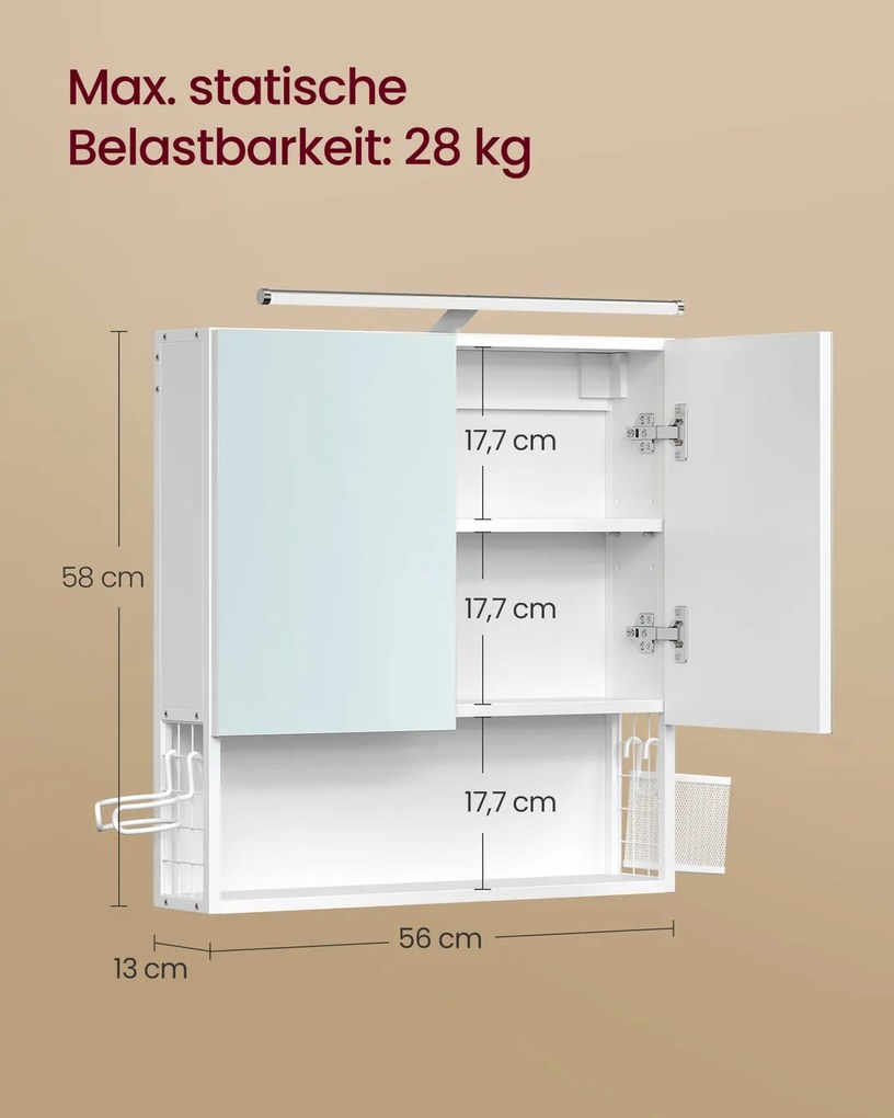 Armário com espelho 13 x 56 x 58 cm, 2 portas com espelho e iluminação branco