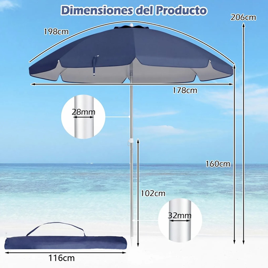 Guarda-sol de praia portátil 178 x 206 cm com inclinação ajustável e bolsa de transporte para jardim, pátio e exterior azul escuro