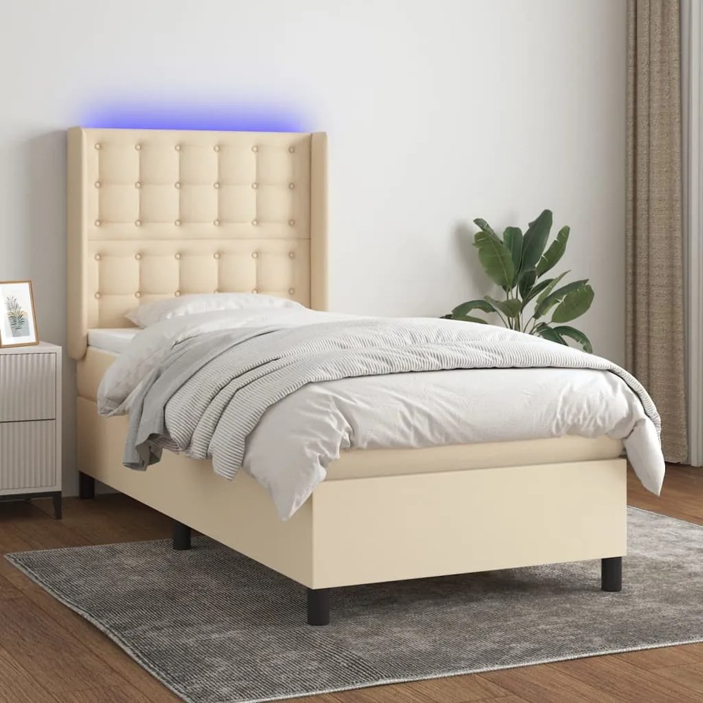 Cama box spring c/ colchão e LED 100x200 cm tecido cor creme