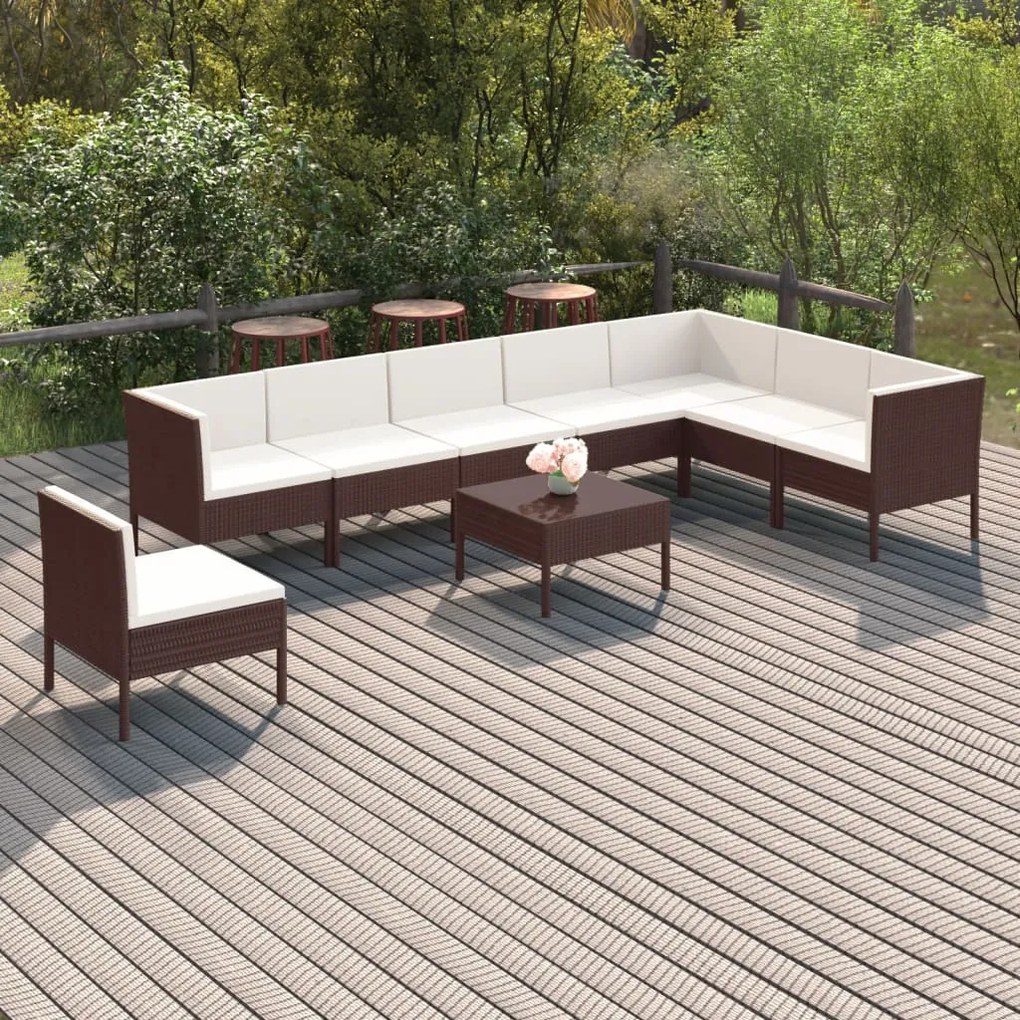 vidaXL 9 pcs conjunto lounge jardim c/ almofadões vime PE castanho