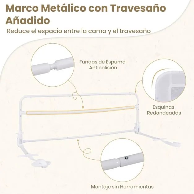 Barreira de Cama para Crianças Dobrável de 120 cm com Capa Removível e Lavável e Correia de Segurança Branca