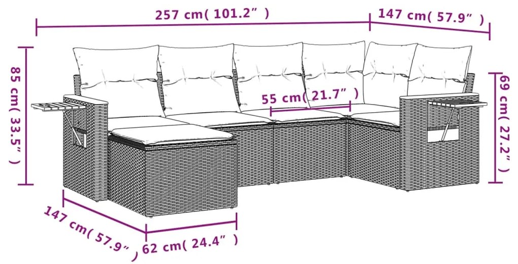 6 pcs conjunto de sofás p/ jardim c/ almofadões vime PE preto