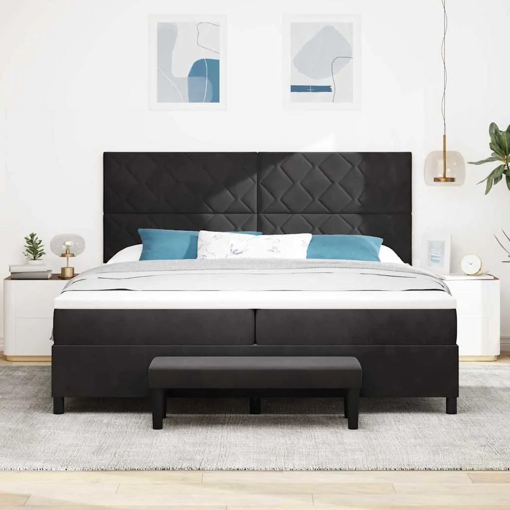 Cama Box Spring com Colchão &amp; Banco Preto 200x200 cm Veludo