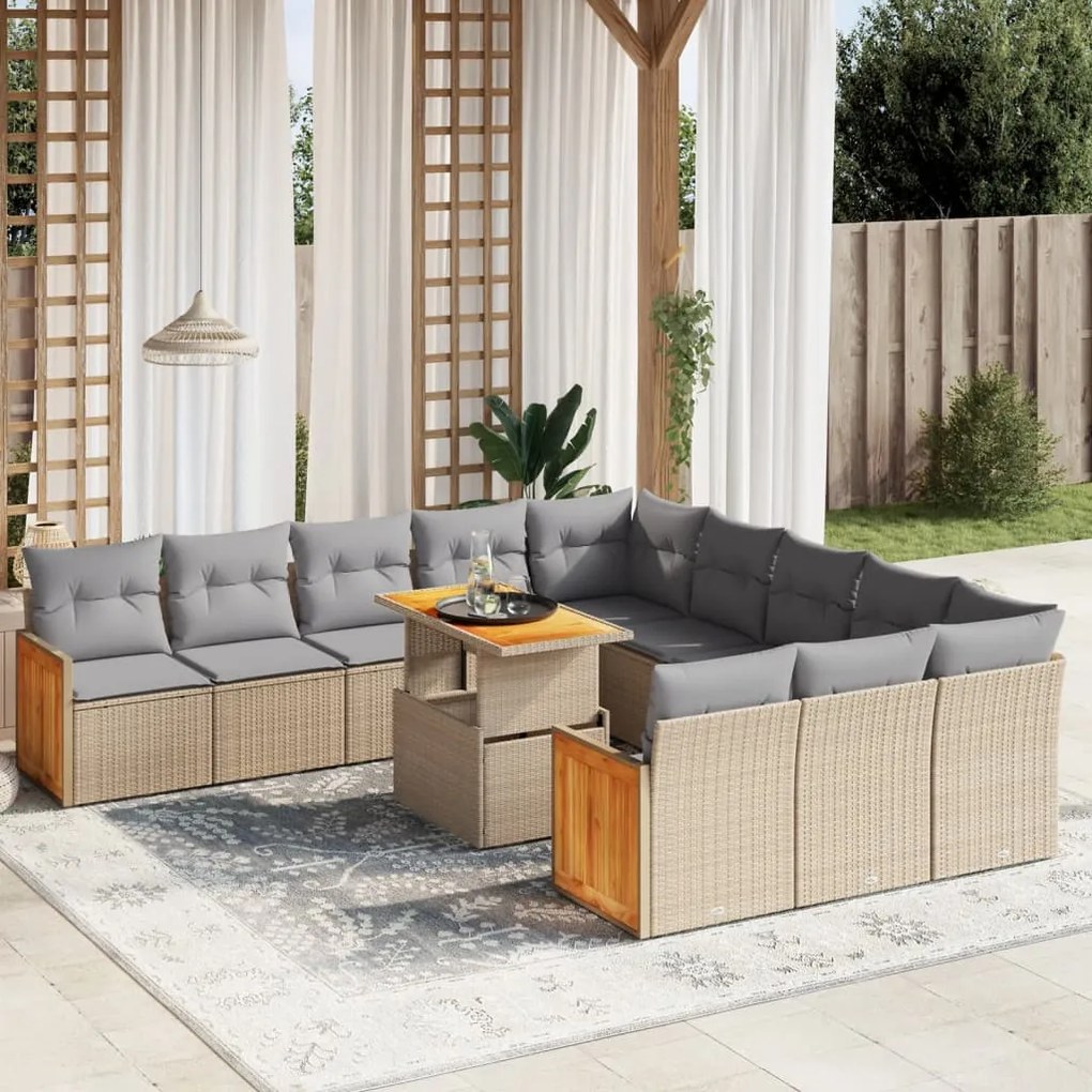 11 pcs conjunto sofás de jardim c/ almofadões vime PE bege