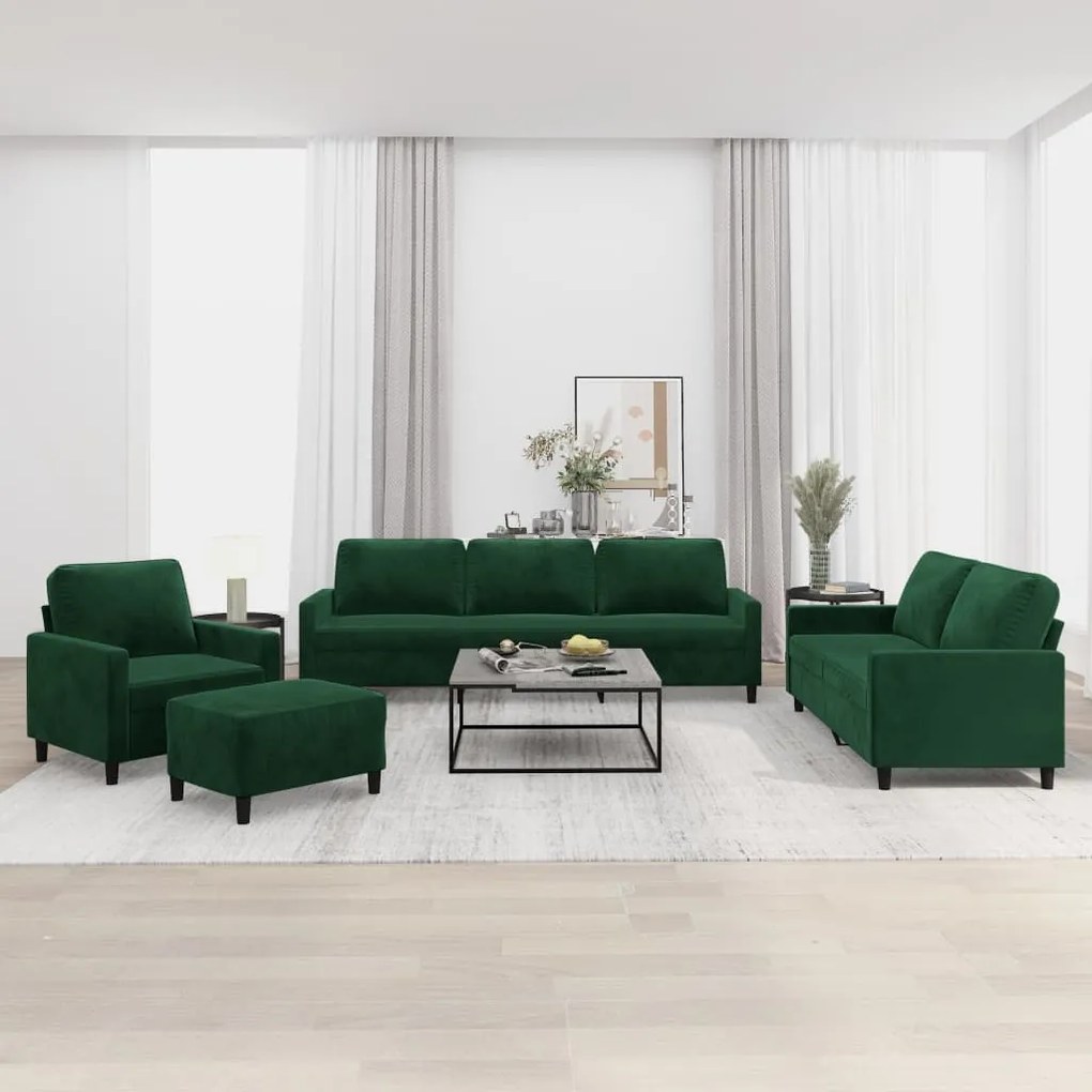 vidaXL 4 pcs conjunto de sofás com almofadões veludo verde-escuro