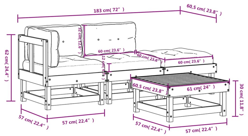 4 pcs conjunto lounge jardim c/ almofadões madeira maciça cinza