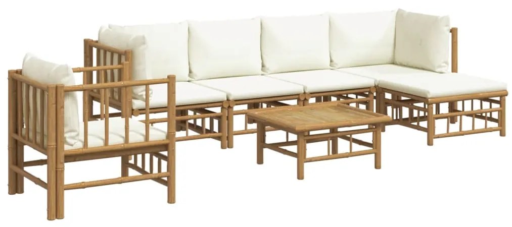 7 pcs conjunto lounge de jardim bambu c/ almofadões branco nata