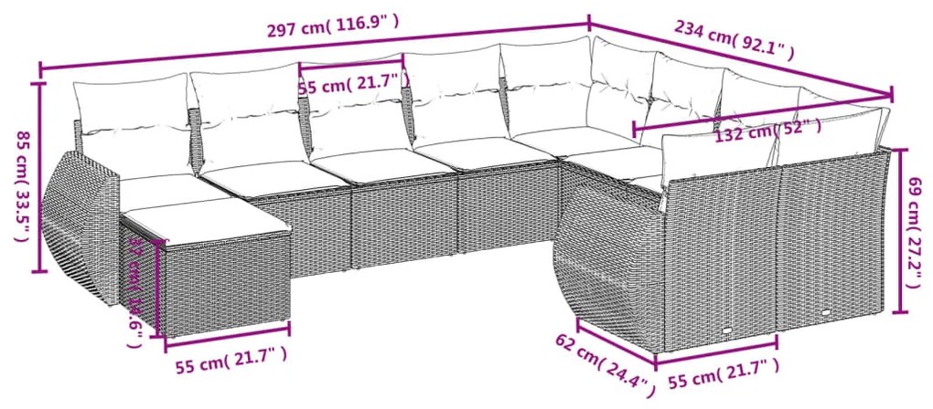 10 pcs conjunto sofás de jardim c/ almofadões vime PE cinzento