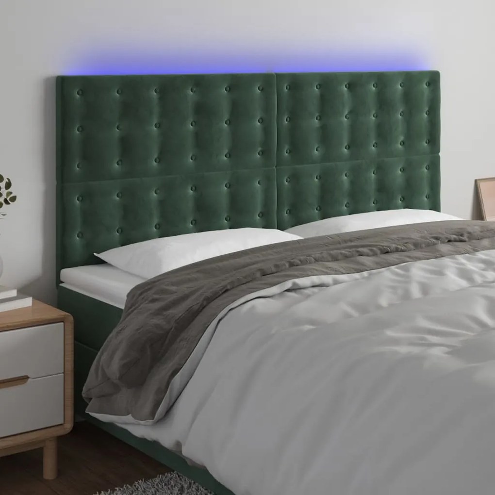 Cabeceira de cama c/ LED veludo 200x5x118/128 cm verde-escuro